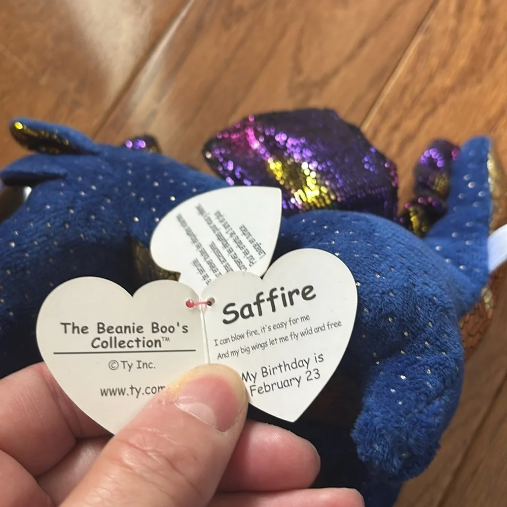 NWT TY beanie boo’s collection “saffire ” Blue, gold & purple Plush Dragon Toy - Picture 7 of 8